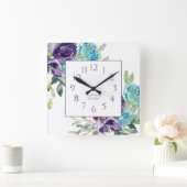 Horloge Carrée Aquarelle bleu pourpre Floral Blanc Nom (Maison)