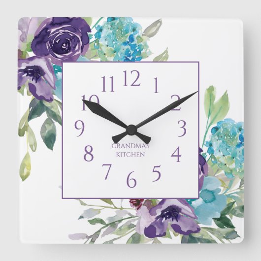 Horloge Carrée Aquarelle bleu pourpre Floral Blanc Nom (Recto)