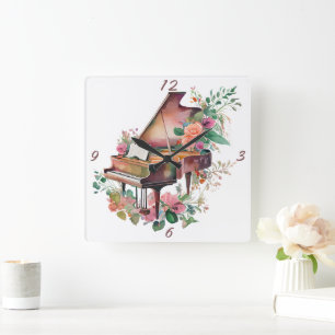 Horloge Carrée Aquarelle Brown Baby Grand Piano