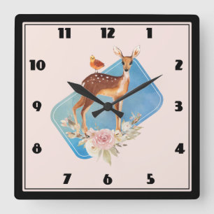 Horloge Carrée Aquarelle Brown mignonne Cerf Rustique