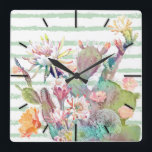 Horloge Carrée Aquarelle cactus, motifs floraux et rayures<br><div class="desc">Une collection de cactus, succulents et fleurs sur une brosse verte à la menthe rayures design arrière - plan avec une peinture à l'aquarelle de rêve vintage, faite dans des couleurs douces de menthe, rose, blush, orange, violet, vert, bleu, turquoise et blanc. Mystique, lunatique, Été, soleil, plage, féminine, girly, élégant,...</div>
