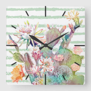 Horloge Carrée Aquarelle cactus, motifs floraux et rayures