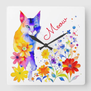 Horloge Carrée Aquarelle Chat et fleurs Meow