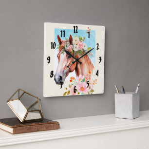 Horloge Carrée Aquarelle Cheval et Fleurs Art