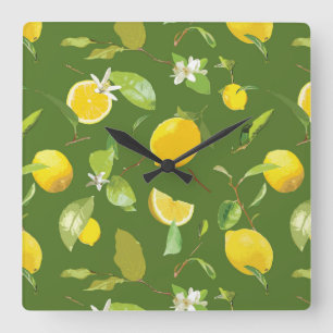 Horloge Carrée Aquarelle Citron et Feuilles 5
