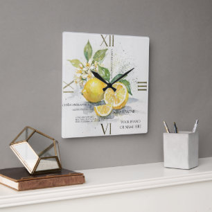 Horloge Carrée Aquarelle Citron Fruit Citrique Avec Fleurs