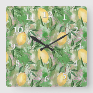 Horloge Carrée Aquarelle citrons fruits agrumes nature jaune frai