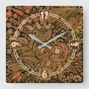 Horloge Carrée Aquarelle couleur rétro brun beige sépia floral fl