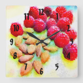 Horloge Carrée Aquarelle de framboises et d'amandes (Recto)