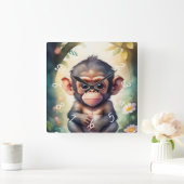 Horloge Carrée Aquarelle de la nurserie du bébé chimpanzé (Maison)