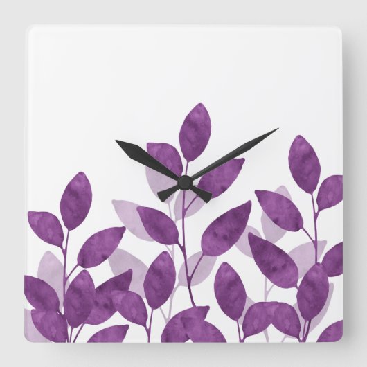 Horloge Carrée Aquarelle de prune Feuilles (Recto)