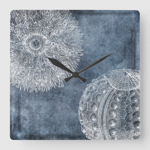 Horloge Carrée Aquarelle de Sea Urchin Océan bleu blanc bleu mari