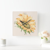 Horloge Carrée Aquarelle de tournesol rustique (Maison)