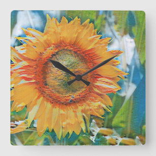 Horloge Carrée Aquarelle de tournesol vintage Vert Bleu Arrière -