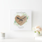 Horloge Carrée Aquarelle du coeur en bois Eucalyptus Mariage rust (Maison)