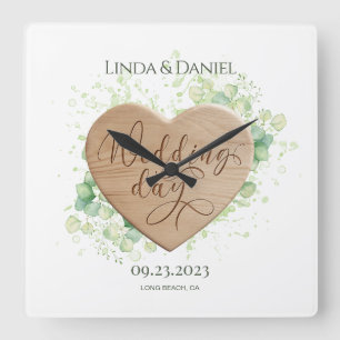 Horloge Carrée Aquarelle du coeur en bois Eucalyptus Mariage rust