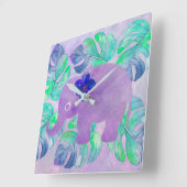 Horloge Carrée Aquarelle Elephant Jungle Tropical Monstera Feuill (Angle)