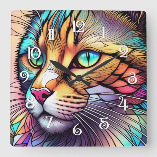 Horloge Carrée Aquarelle en verre teint Style Cat II (Recto)