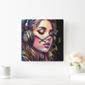 Horloge Carrée Aquarelle en verre tendu Fille portant un casque (Maison)