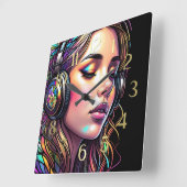 Horloge Carrée Aquarelle en verre tendu Fille portant un casque (Angle)