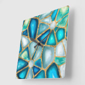 Horloge Carrée Aquarelle et cellules d'or - océan (Angle)