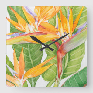 Horloge Carrée Aquarelle exotique de fleurs