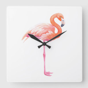 Horloge Carrée aquarelle Flamant rose