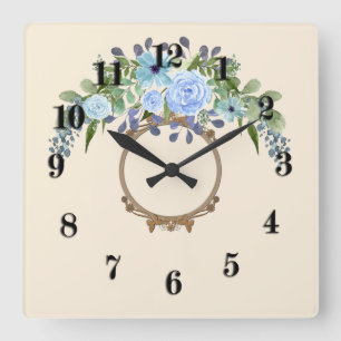 Horloge Carrée Aquarelle fleurie courroie rétro bleu vintage