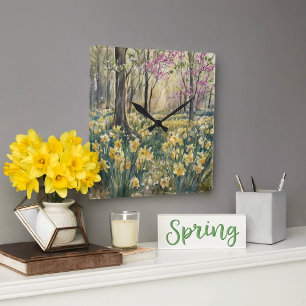 Horloge Carrée Aquarelle Fleurs de Narcisses en Forêt