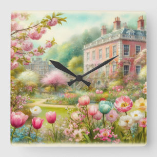 Horloge Carrée Aquarelle florale aux couleurs pastel douces carré