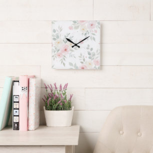Horloge Carrée Aquarelle Florale - Pastel Rose & Vert