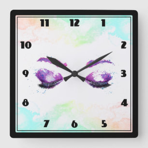 Horloge Carrée Aquarelle glamour aux yeux et aux bouillons pourpr