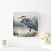 Horloge Carrée Aquarelle Great Blue Heron Water Bird Faune (Maison)