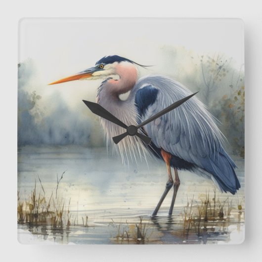 Horloge Carrée Aquarelle Great Blue Heron Water Bird Faune (Recto)