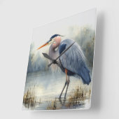 Horloge Carrée Aquarelle Great Blue Heron Water Bird Faune (Angle)