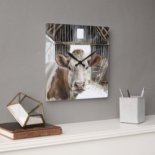 Horloge Carrée Aquarelle Hereford Vache dans la grange (Bureau)