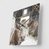 Horloge Carrée Aquarelle Hereford Vache dans la grange (Angle)