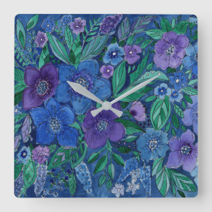 Horloge Carrée Aquarelle, jardin fleuri
