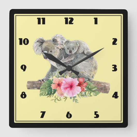 Horloge Carrée Aquarelle Koala Oears mignonne maman & bébé (Recto)