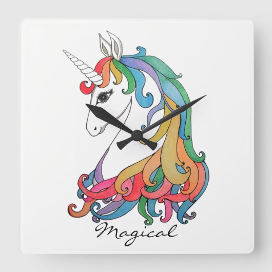 Horloge Carrée Aquarelle mignonne unicorne arc-en-ciel (Recto)