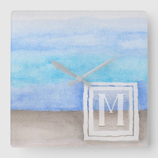 Horloge Carrée Aquarelle Monogramme mer et sable bleu et bronze (Recto)