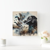 Horloge Carrée Aquarelle Noir Labrador Et Canards (Maison)