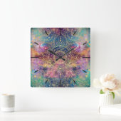 Horloge Carrée Aquarelle or et nébuleuse mandala (Maison)