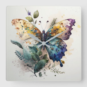 Horloge Carrée Aquarelle Papillon et feuillage