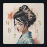 Horloge Carrée Aquarelle Peinture Belle Asiatique Fleurs Femme<br><div class="desc">Aquarelle Peinture Belle Asiatique Femme avec Fleurs</div>