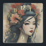 Horloge Carrée Aquarelle Peinture Belle Asiatique Fleurs Femme<br><div class="desc">Aquarelle Peinture Belle Asiatique Femme avec Fleurs</div>
