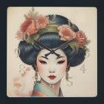Horloge Carrée Aquarelle Peinture Belle Fleurs Asiatiques<br><div class="desc">Aquarelle Peinture Belle Asiatique Femme avec Fleurs</div>