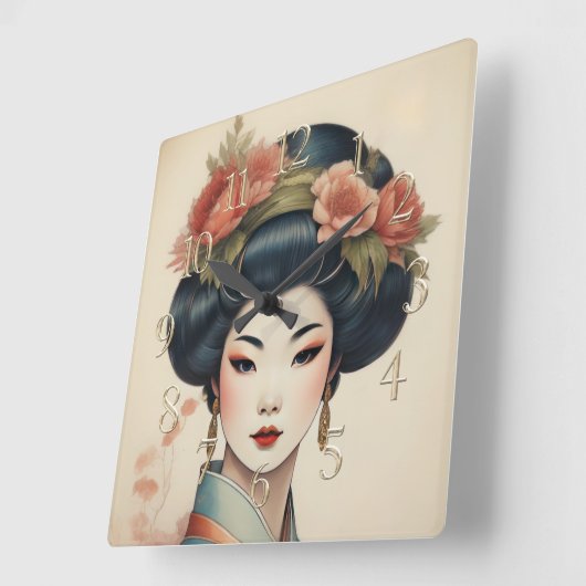 Horloge Carrée Aquarelle Peinture Belle Fleurs Asiatiques (Angle)