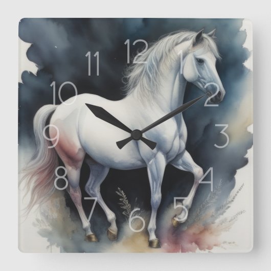 Horloge Carrée Aquarelle Peinture de cheval (Recto)