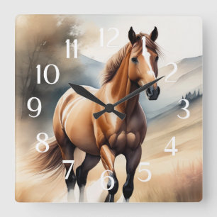 Horloge Carrée Aquarelle Peinture de cheval